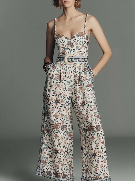 FARM Rio Pants - Floral Strapless Wide-Leg Jumpsuit in Cream